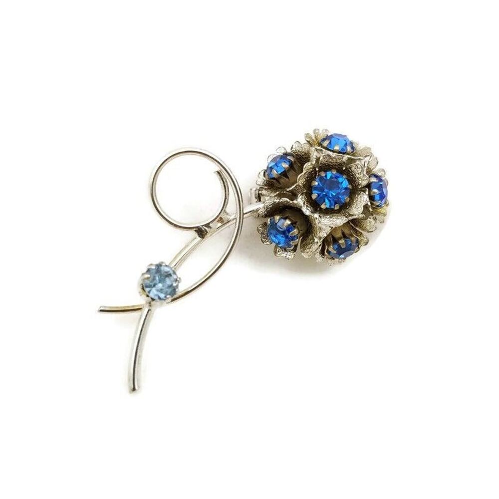 Vintage Brooch Floral Flower Silver Tone Blue Rhinestone Hydrangea Textured